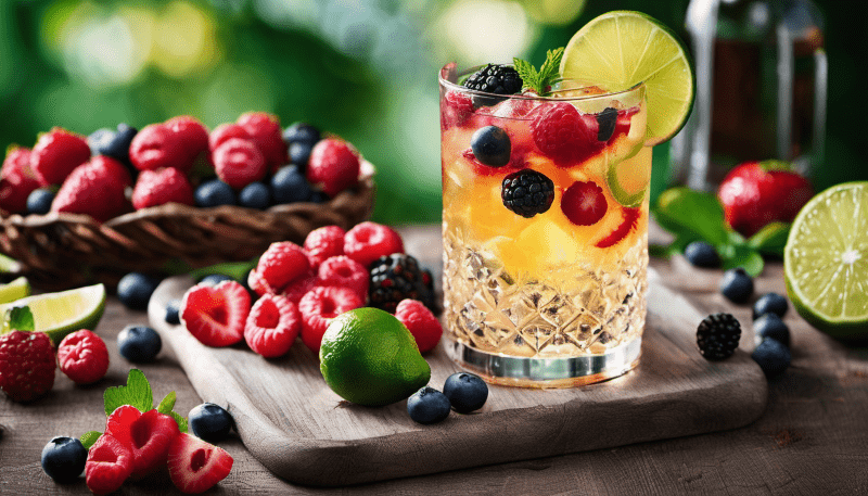 Needle Black Forest Distilled Dry Gin - Ein Wald voller Aromen 4 Ein Glas mit Black Forest Mule steht auf einem Brett, welches mit Himbeeren und Heidelbeeren dekoriert ist.