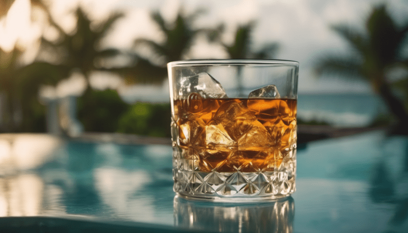 Ein Glas Rum mit Palmen und Pool im Hintergrund.