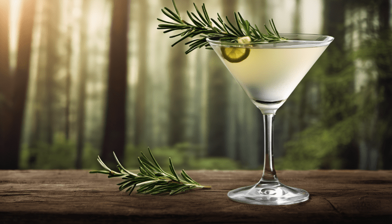 Needle Black Forest Distilled Dry Gin - Ein Wald voller Aromen 3 Ein Martini Glas mit Forest Breeze Martini drin, steht in einem Wald.