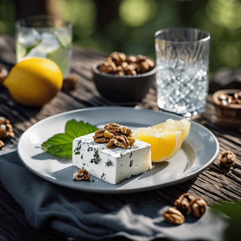 Needle Black Forest Distilled Dry Gin - Ein Wald voller Aromen 6 Ein Teller mit zartem Ziegenkäse mit Honig und Walnüssen. Im Hintergrund steht ein Gin Tonic.