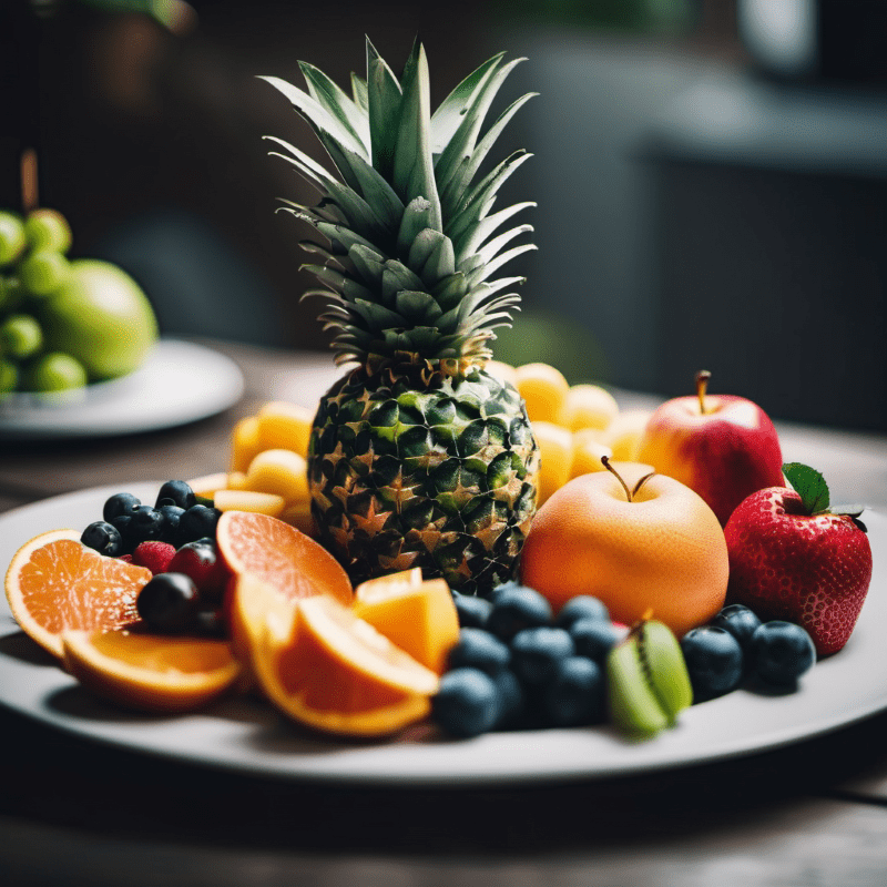 Ein Teller mit verschiedenen Obstsorten, wie Ananas, Orangen, Äpfeln, Erdbeeren und Heidelbeeren.