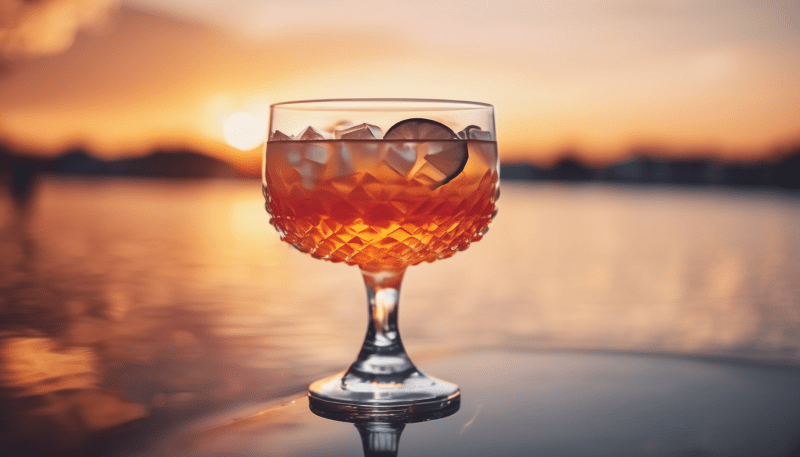 Ein Glas des Cocktail Tomorrowland Sunrise, im Hintergrund ist ein See abgebildet.