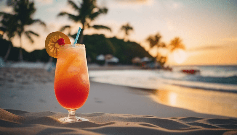 Ein Glas des Tropical Rum Punch an eine Strand mit Meer und Palmen im Hintergrund.
