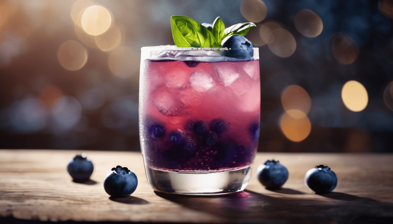 Schrödinger's Katzen Gin: Wo Wissenschaft und Genuss verschmelzen 3 Ein Glas mit Blaubeer-Basilikum-Gin-Fizz, daneben liegen ein paar Blaubeeren.