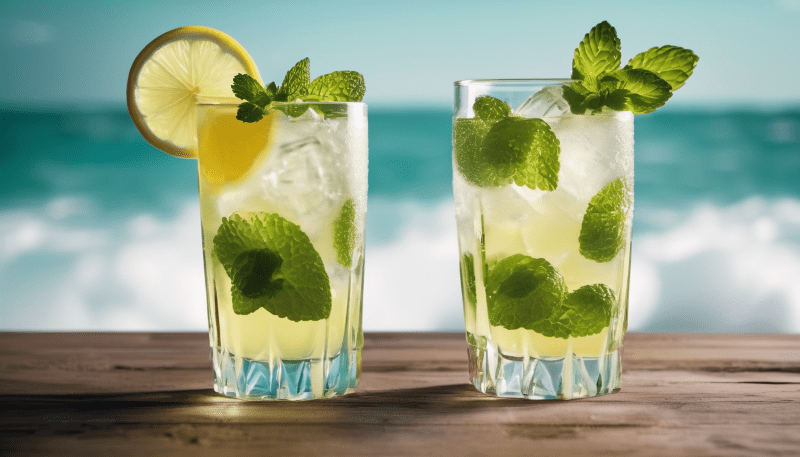 Zwei Gläser des Ciroc Lemonade Cocktails, im Hintergrund ist das Meer mit Wellen.