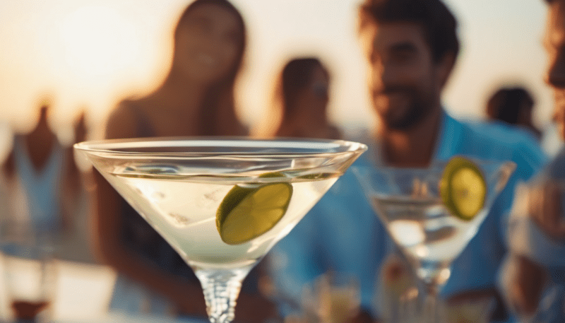 Ein Glas Ciroc Martini im Hintergrund feiernde Menschen.