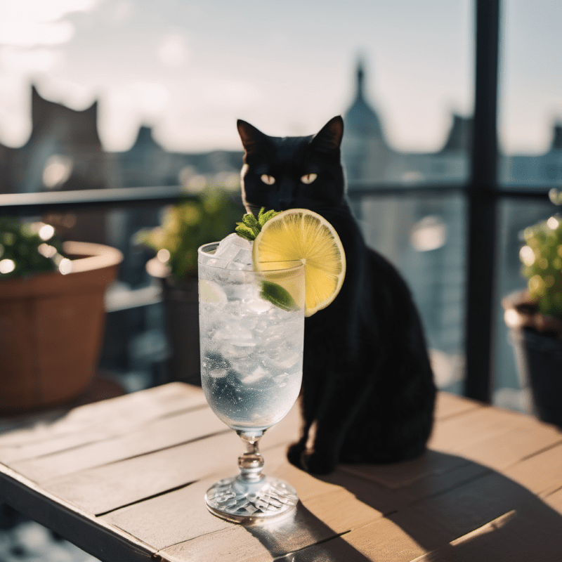 Schrödinger's Katzen Gin: Wo Wissenschaft und Genuss verschmelzen 1 Ein Glas Gin Tonic auf einem Balkon. Hinter dem Gin Tonic sitzt eine schwarze Katze.