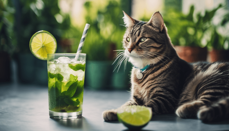 Schrödinger's Katzen Gin: Wo Wissenschaft und Genuss verschmelzen 2 Ein Glas mit Katzenminze Mojito, daneben liegt eine Katze und im Hintergrund sieht man Pflanzen.