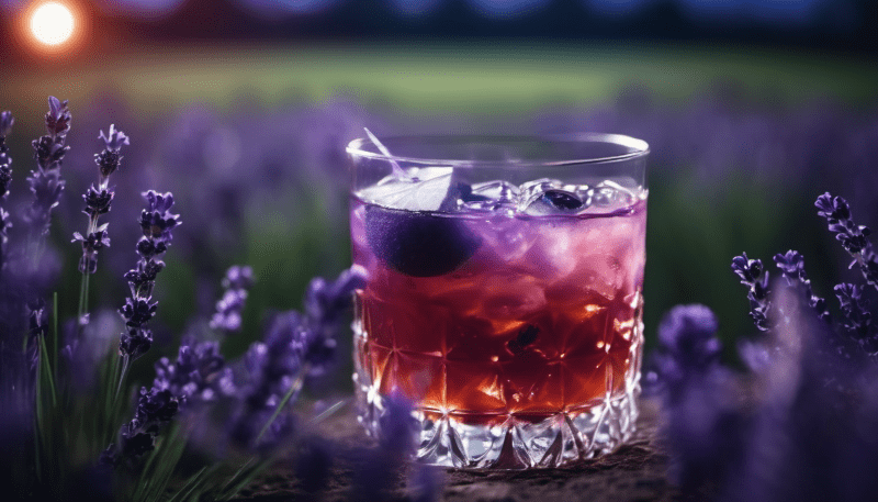 Schrödinger's Katzen Gin: Wo Wissenschaft und Genuss verschmelzen 4 Ein Glas des Mystischen Mondlicht Cocktails in einem Lavendelfeld bei Nacht.