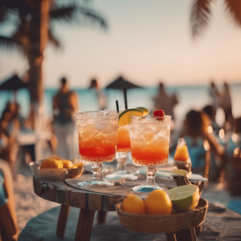 Cocktails am Strand, im Hintergrund eine Strandparty.