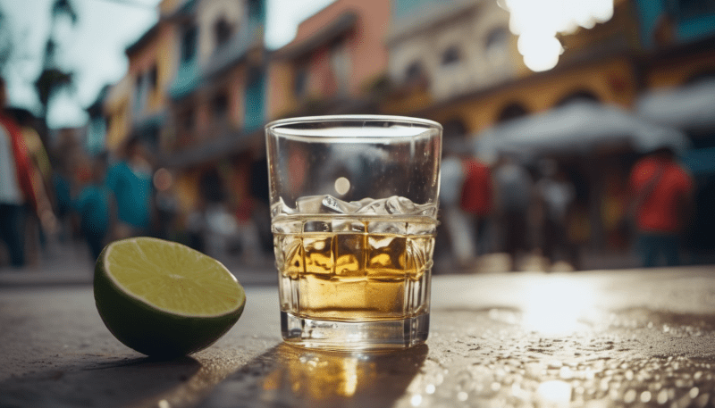 Don Julio 70 Tequila - Entdecke die Magie 2 Ein Glas Tequila auf einer Südamerikanischen Straße, daneben eine halbe Limette.