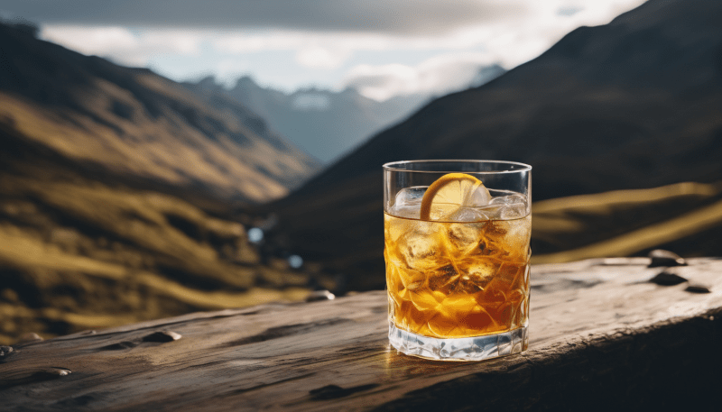 The Macallan Double Cask 12 Years - Tradition & Innovation 2 Ein Glas Macallan Ginger Highball Cocktail im Hintergrund ist eine schottische Hügellandschaft