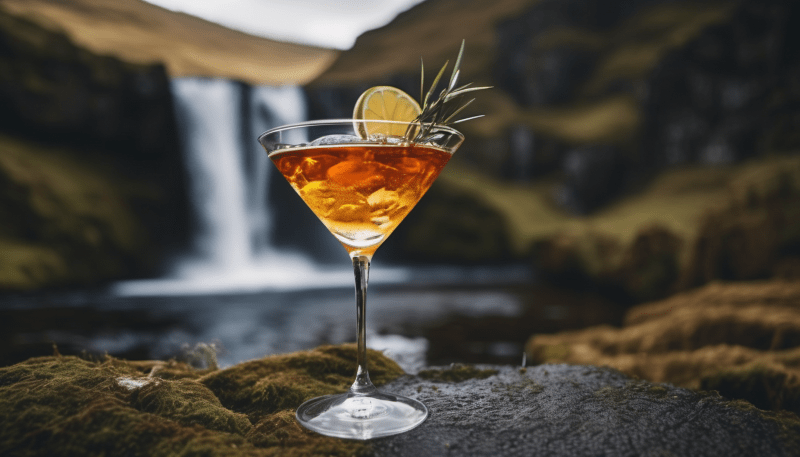 The Macallan Double Cask 12 Years - Tradition & Innovation 3 Ein Martini Glas mit Sherry Cask Martini vor einem Wasserfall in Schottland.