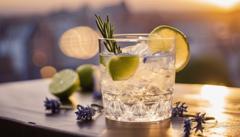 OMG - Oh My Gin - Aus Tschechien direkt ins Glas 2 Ein Glas mit dem Cocktail OMG Gin Tonic, garniert mit Lavendel und Limettenscheiben. Im Hintergrund geht die Sonne unter.