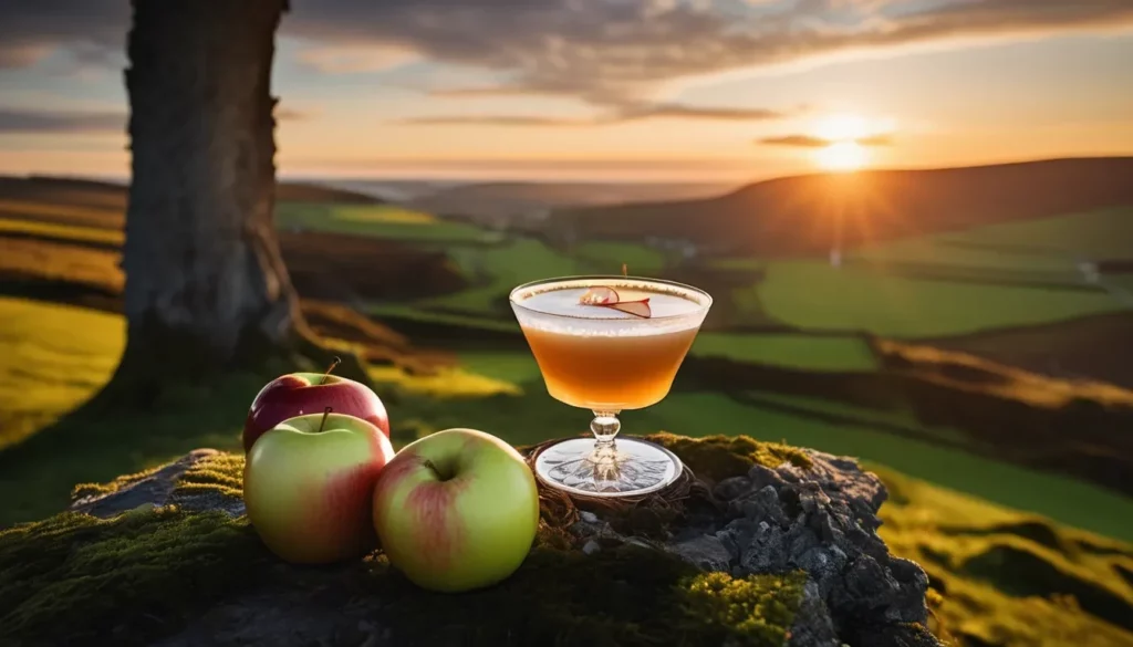 Ein Glas Orkney Apple Pie Cocktail vor einem Baum.