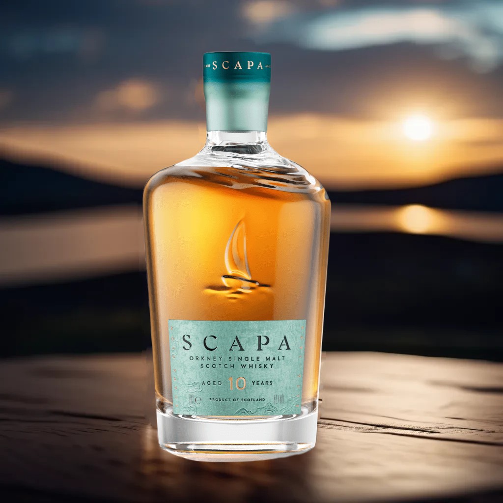 Eine Flasche Scapa 10 Jahre bei Sonnenuntergang.