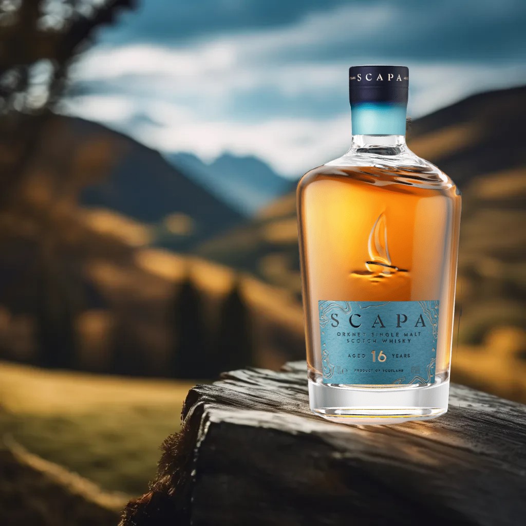 Eine Flasche Scapa 16 in der schottischen Landschaft.