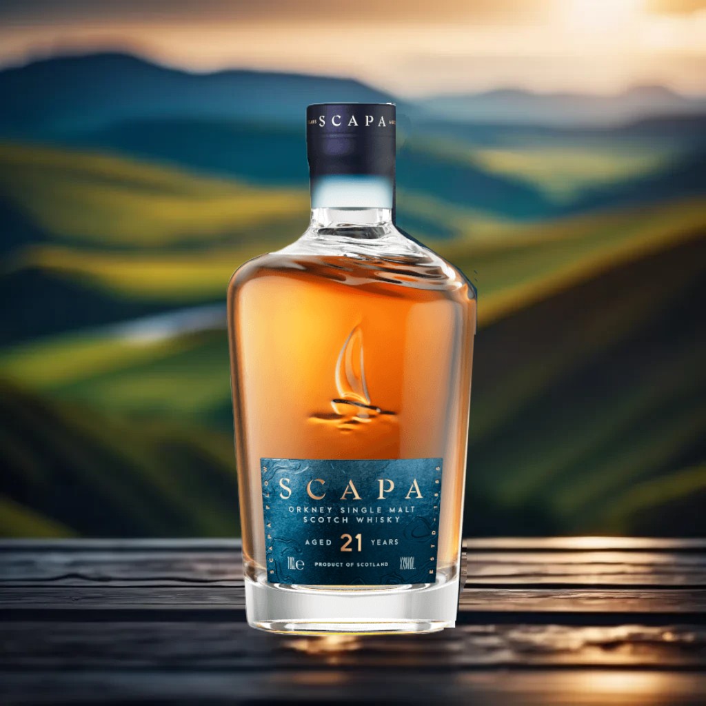 Eine Flasche Scapa 21 Jahre in der schottischen Landschaft.