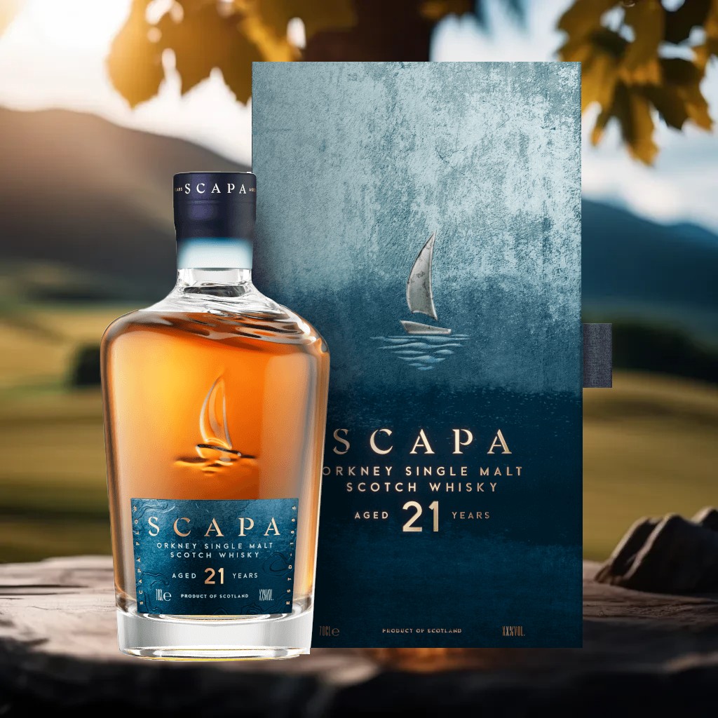 Eine Flasche Scapa 21 Jahre mit Geschenkverpackung.