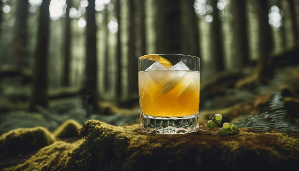 Ein Glas Whisky Sour steht im Wald.