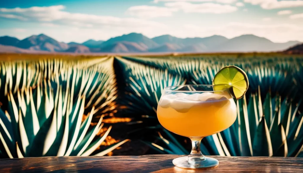 Clase Azul Reposado Tequila - Ein mexikanisches Meisterwerk 4 Ein Glas des Smoky Agave Sour Cocktails vor einem Agavenfeld.