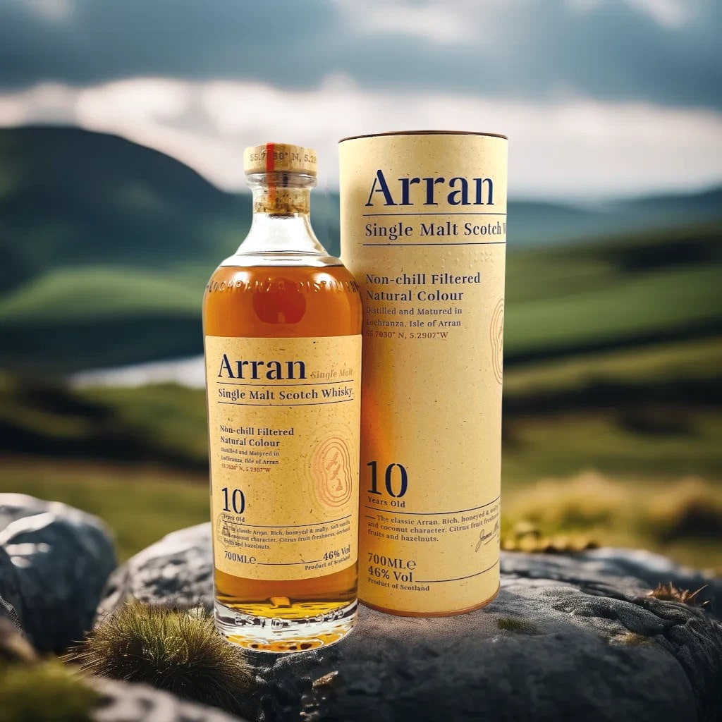 Eine Flasche Arran 10 Jahre mit Geschenkverpackung.