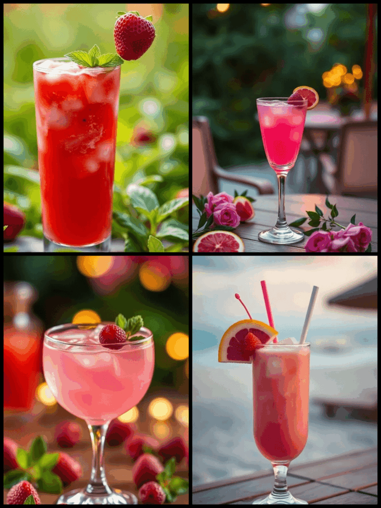 Eine Collage mit verschiedenen Pink Drinks.