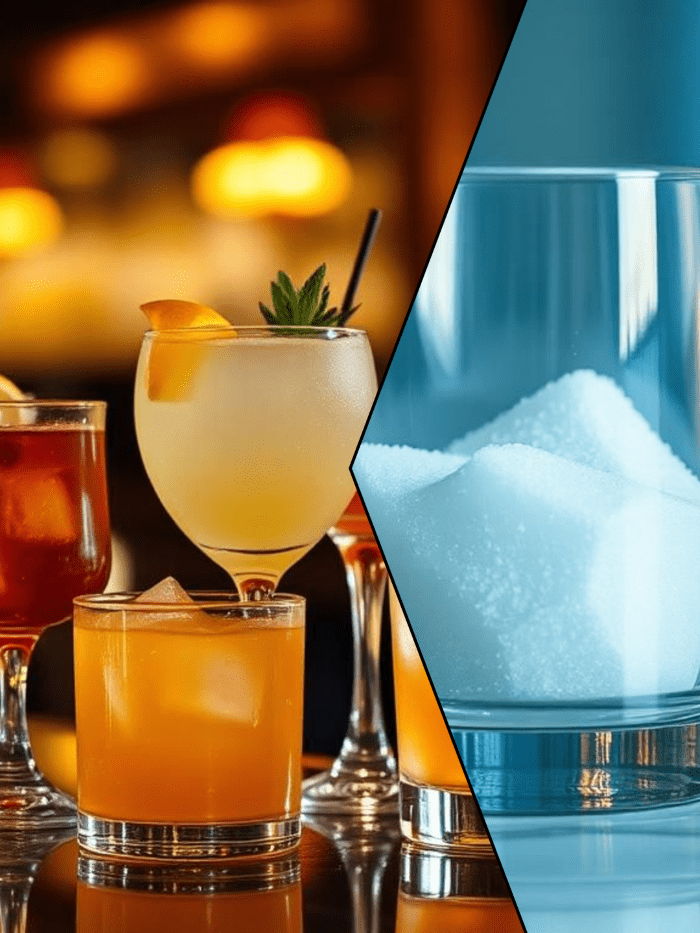 Links sind verschiedene Cocktails abgebildet und links sieht man ein Glas, dass mit Zucker gefüllt ist.