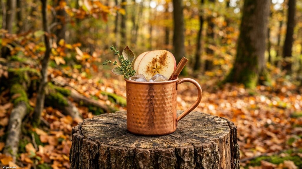 Ein Glas des Apple Cider Mule Herbst Cocktails.