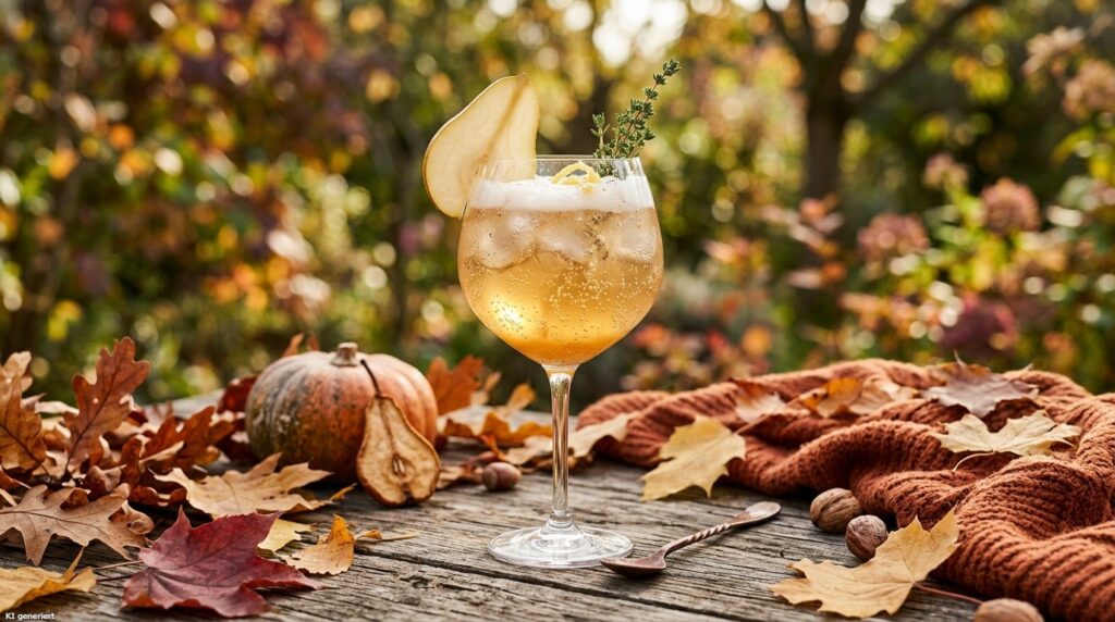 Ein Glas des Birnen Ginger Fizz Herbst Cocktail.