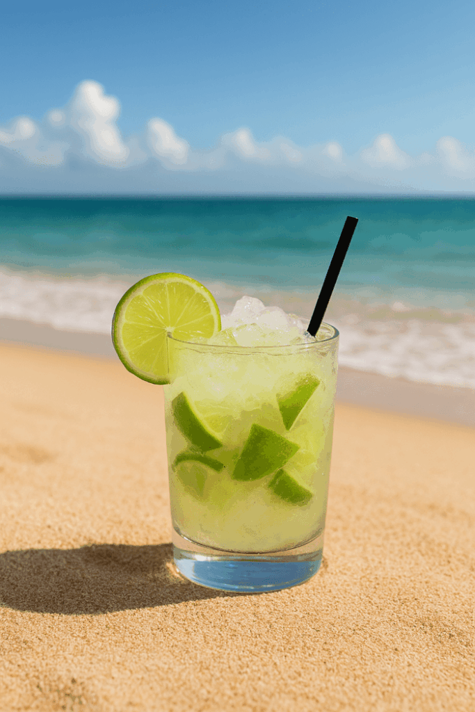 Ein Glas Caipirinha am Strand.