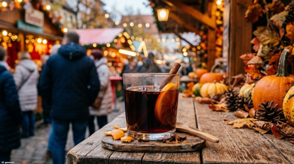 Ein Glas des gewürzten Rotweins auf einem Herbstmarkt.