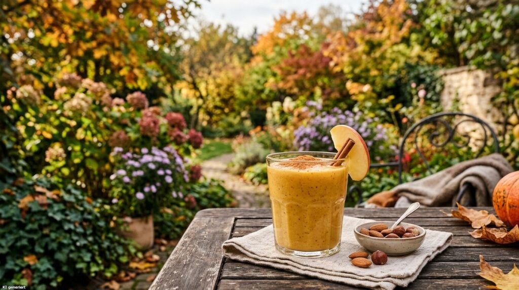 Ein herbstlicher Smoothie steht in einem Garten.