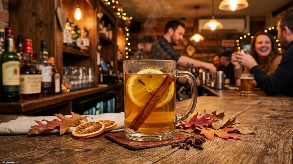 Ein Glas des Hot Toddy mit Apfel und Zimt in einer Bar.