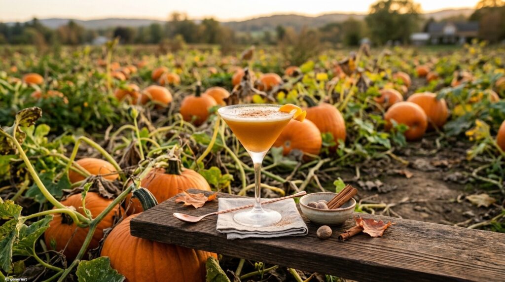Ein Glas des Pumpkin Spice Martini im Kürbisfeld.