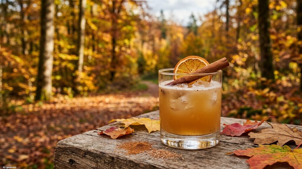 Ein Glas des Spiced Autumn Whiskey Sour Herbst Cocktail.