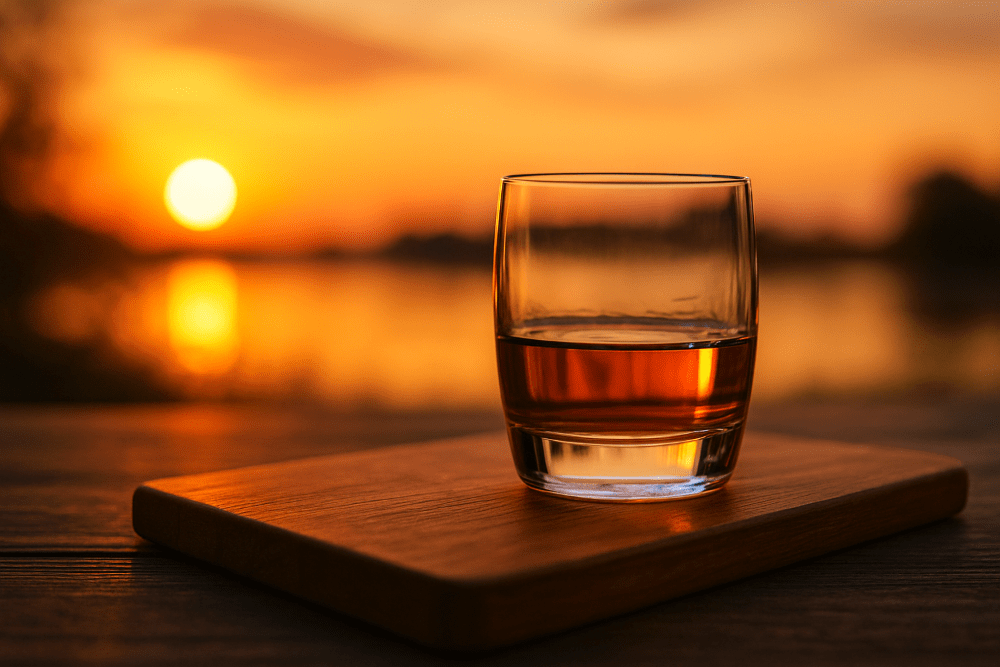 Warum Lagerung & Fassfinish im Herbst spannend wird 7 Drink auf Holzbrett mit Abendsonne1 min