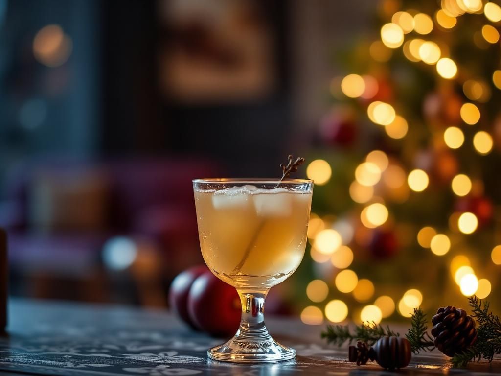 Ein Glas des Apfel-Thymian Whisky Sour steht neben dem Weihnachtsbaum.