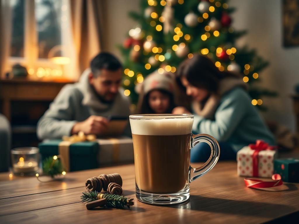 Ein Glas des Christmas Irish Coffees steht vor dem Weihnachtsbaum.