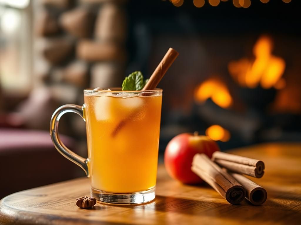 Ein Glas des Spiced Apple Mule steht vor dem Kamin.