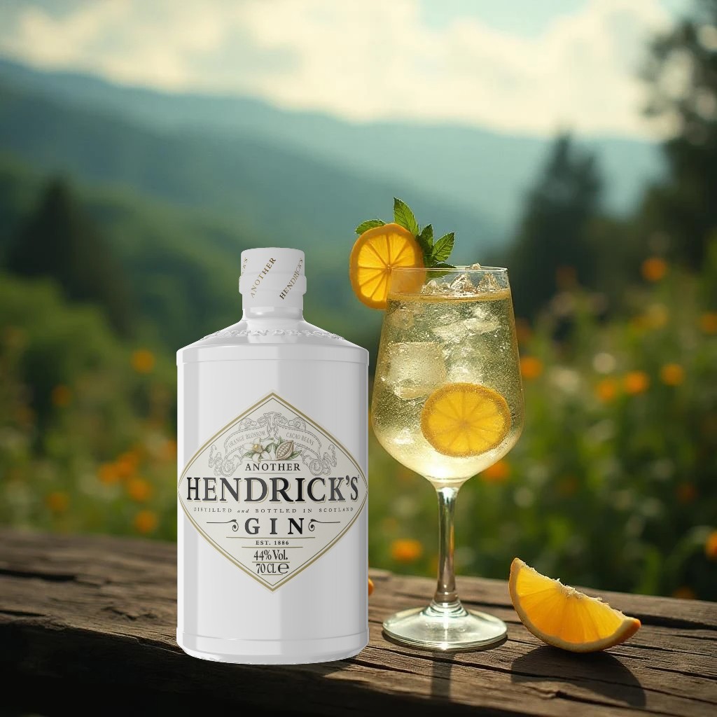 Ein Glas des Another Blossom Cocktails steht neben einer Flasche Another Hendrick's Gin.