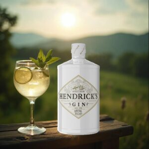 Drinksmeister 6 Eine Flasche Another Hendrick's Gin steht neben einem Glas Gin & Tonic.