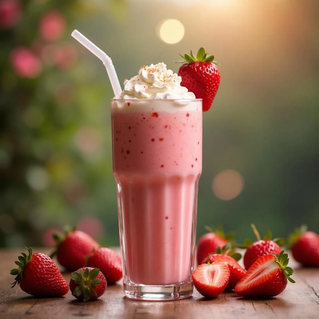 Ein Glas des Strawberry Love Milkshakes Valentinstag Cocktails.