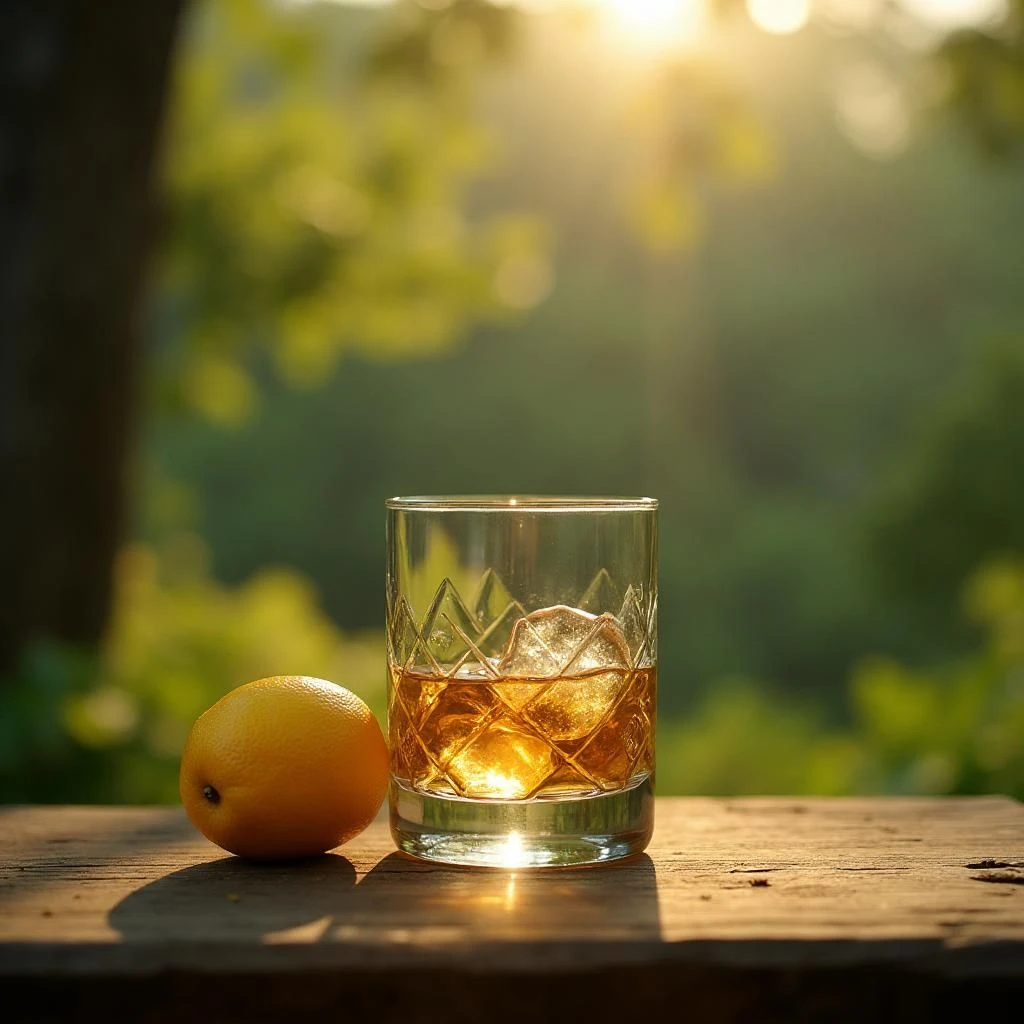 Ein Glas Whisky neben einer Yuzu Frucht.