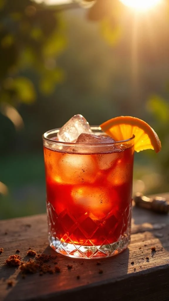 Ein Glas des Cocoa Negroni Cocktails.