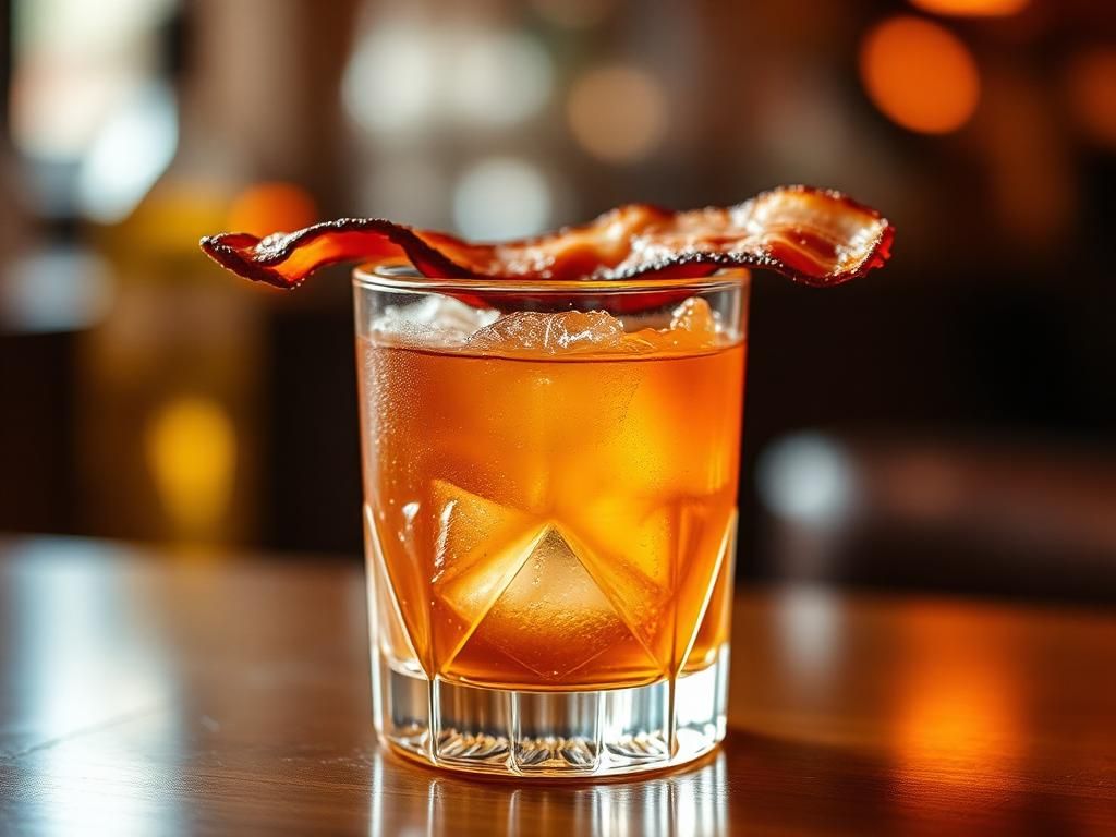Ein Glas des Smoky Bacon Old Fashioned Science-Cocktails.