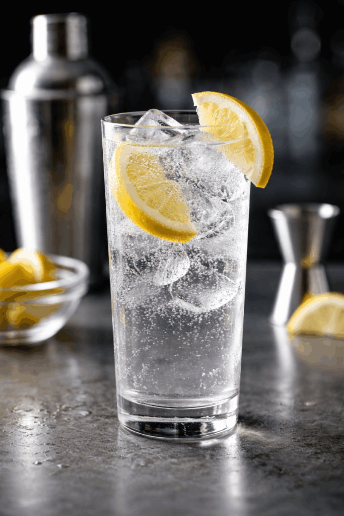 Ein Glas Vodka Soda mit Zitrone.