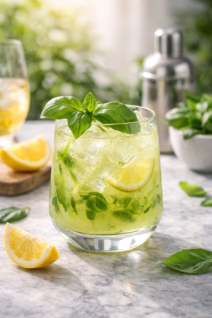 Ein Glas des Basil Smash Cocktails.