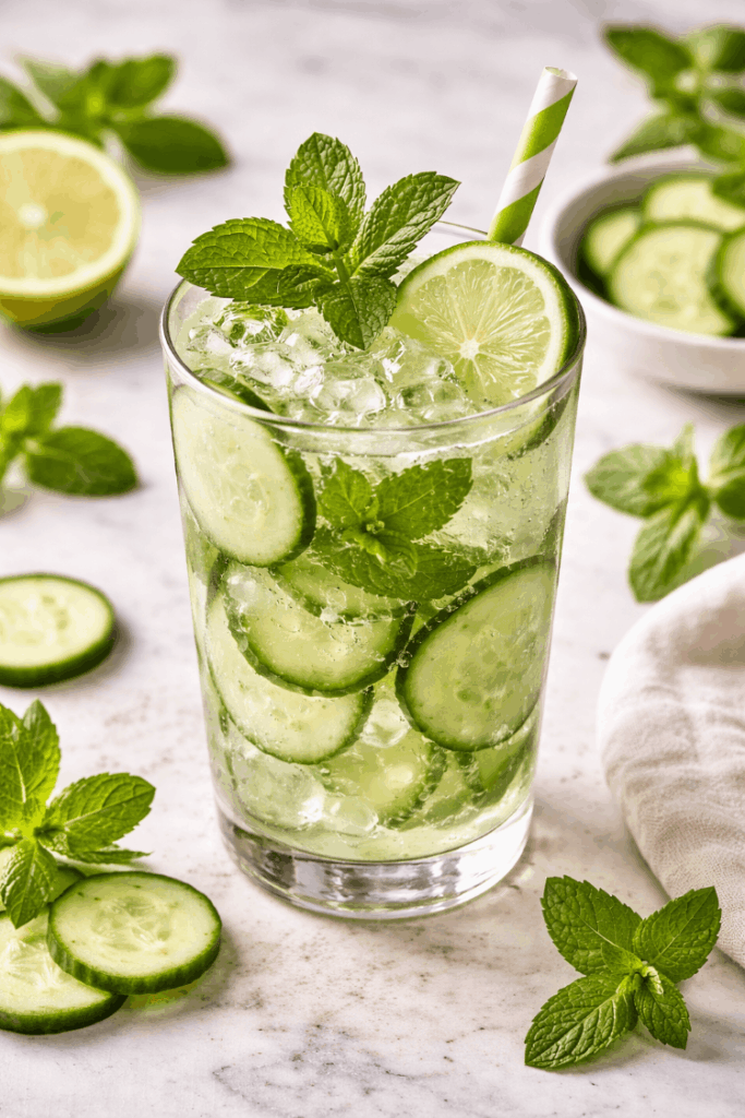 Ein Glas des Cucumber Mint Cooler Frühlingscocktails.