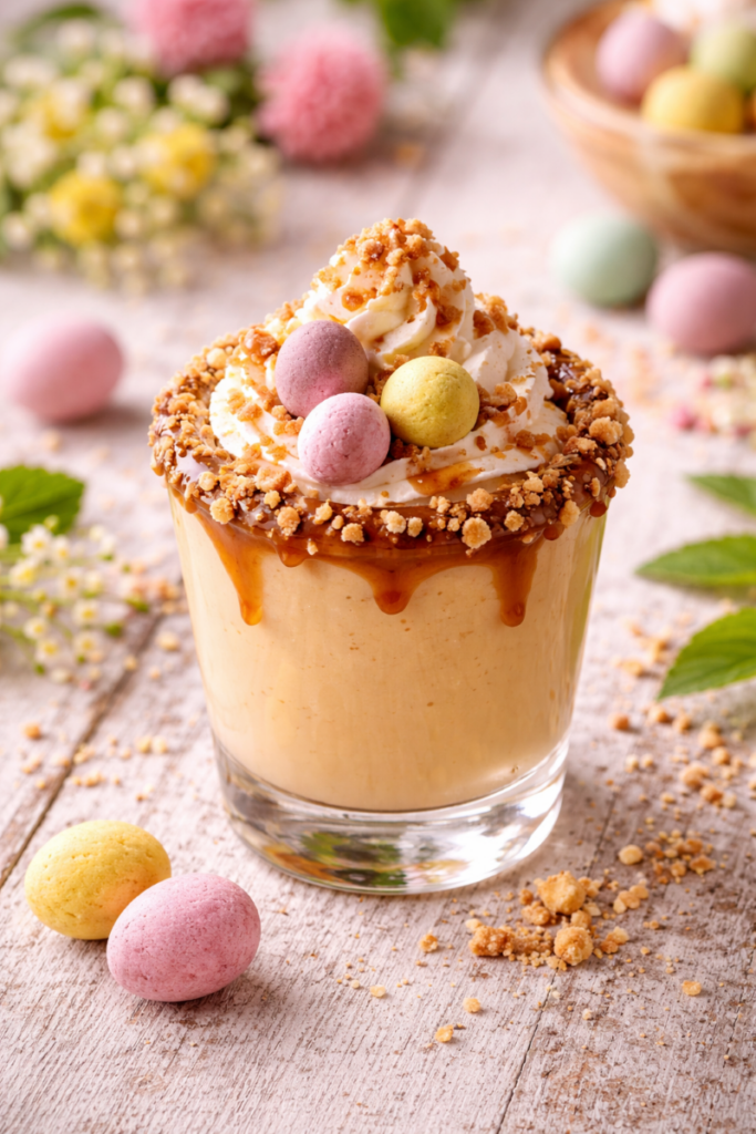 Ein Glas des flüssigen Osternest Cocktails.